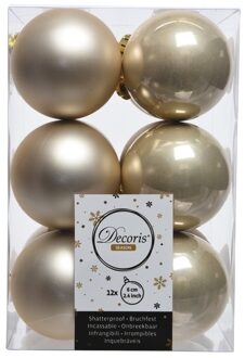 Decoris 12x Kunststof kerstballen glanzend/mat licht parel/champagne 6 cm kerstboom versiering/decoratie - Kerstbal Champagnekleurig