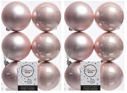 Decoris 12x Kunststof kerstballen glanzend/mat licht roze 8 cm kerstboom versiering/decoratie lichtroze - Kerstbal