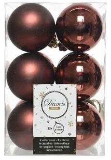 Decoris 12x Kunststof kerstballen glanzend/mat mahonie bruin 6 cm kerstboom versiering/decoratie - Kerstbal