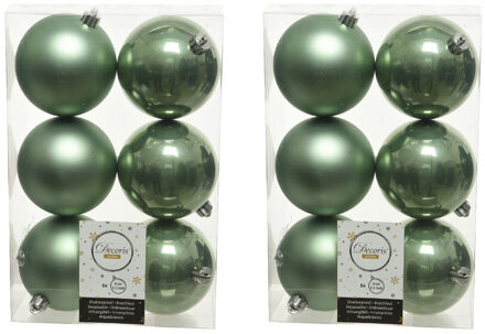Decoris 12x Kunststof kerstballen glanzend/mat salie groen 8 cm kerstboom versiering/decoratie - Kerstbal