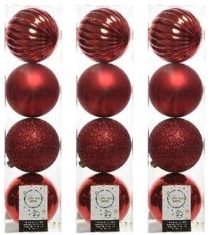 Decoris 12x Kunststof kerstballen mix kerstrood 10 cm kerstboom versiering/decoratie - Kerstbal