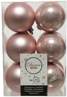 Decoris 12x Lichtroze kerstballen 6 cm kunststof mat/glans