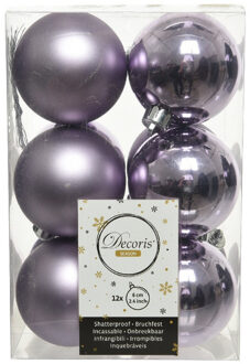 Decoris 12x Lila paarse kerstballen 6 cm kunststof mat/glans