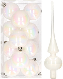 Decoris 12x Parelmoer witte kunststof kerstballen met glazen piek glans