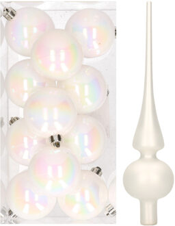 Decoris 12x Parelmoer witte kunststof kerstballen met glazen piek mat - Kerstbal