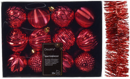 Decoris 12x st gedecoreerde kerstballen 6 cm incl. folieslinger - rood - kunststof