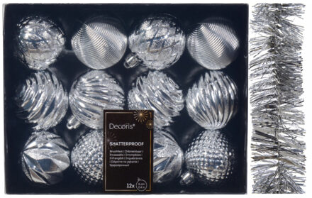 Decoris 12x st gedecoreerde kerstballen 6 cm incl. folieslinger - zilver - kunststof