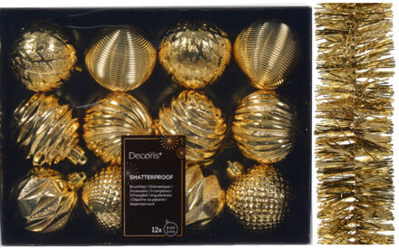 Decoris 12x st kerstballen 6 cm incl. folieslinger - goud - kunststof - Kerstbal Goudkleurig