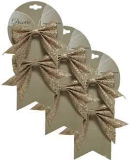 Decoris 12x stuks decoratie strikjes/strikken champagne glitter op clip 18,5 x 14 cm