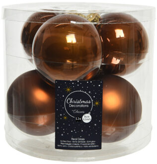 Decoris 12x stuks glazen kerstballen kaneel bruin 8 cm mat/glans