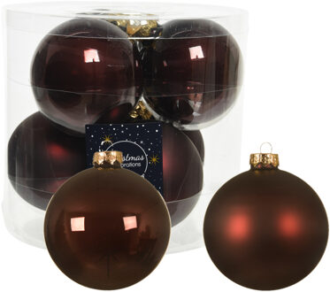 Decoris 12x stuks glazen kerstballen mahonie bruin 10 cm mat/glans