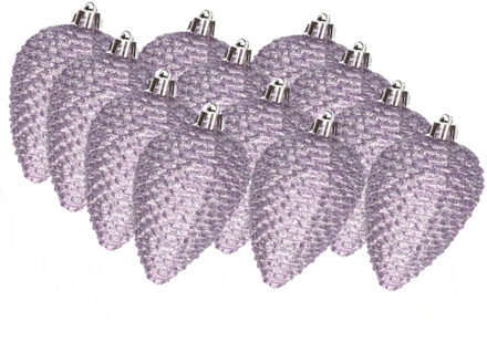 Decoris 12x stuks kunststof glitter dennenappels kersthangers heide lila 8 cm