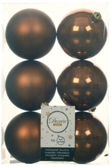 Decoris 12x stuks kunststof kerstballen kaneel bruin 8 cm glans/mat - Kerstbal