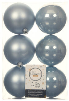 Decoris 12x stuks kunststof kerstballen lichtblauw 8 cm glans/mat