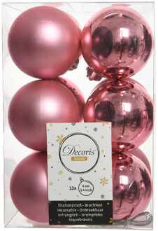 Decoris 12x stuks kunststof kerstballen lippenstift roze 6 cm glans/mat - Kerstbal