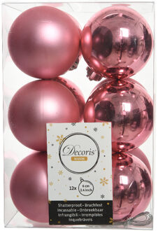 Decoris 12x stuks kunststof kerstballen lippenstift roze 6 cm glans/mat