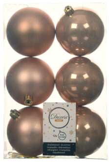 Decoris 12x stuks kunststof kerstballen toffee bruin 8 cm glans/mat - Kerstbal