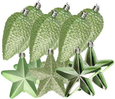 Decoris 12x stuks kunststof sterren en dennenappel kerstornamenten groen 7-8 cm