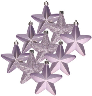 Decoris 12x stuks kunststof sterren kersthangers heide lila paars 7 cm