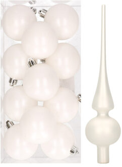 Decoris 12x Winter witte kunststof kerstballen met glazen piek mat