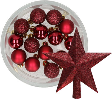 Decoris 14x stuks kerstballen 3 cm met ster piek bordeaux rood kunststof - Kerstbal