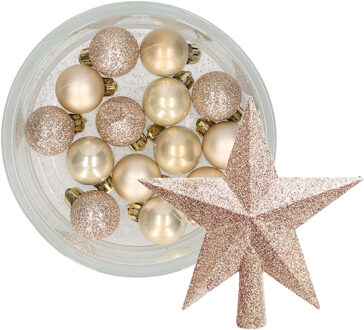 Decoris 14x stuks kerstballen 3 cm met ster piek champagne kunststof - Kerstbal Champagnekleurig