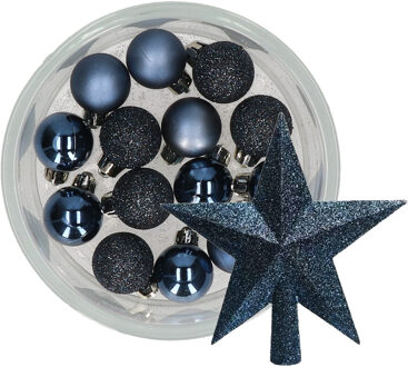 Decoris 14x stuks kerstballen 3 cm met ster piek donkerblauw kunststof