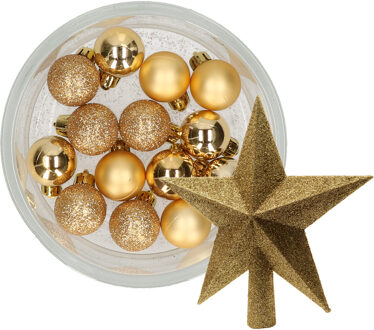 Decoris 14x stuks kerstballen 3 cm met ster piek goud kunststof - Kerstbal Goudkleurig