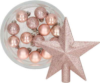 Decoris 14x stuks kerstballen 3 cm met ster piek lichtroze kunststof