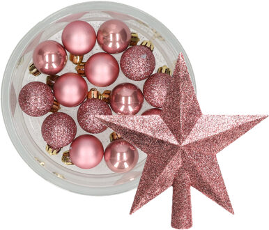 Decoris 14x stuks kerstballen 3 cm met ster piek oudroze kunststof - Kerstbal