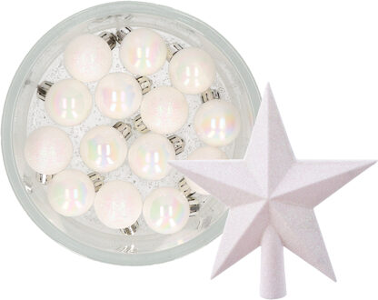 Decoris 14x stuks kerstballen 3 cm met ster piek parelmoer wit kunststof
