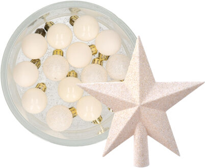 Decoris 14x stuks kerstballen 3 cm met ster piek wol wit kunststof