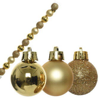Decoris 14x stuks kleine kunststof kerstballen goud 3 cm glans/mat/glitter