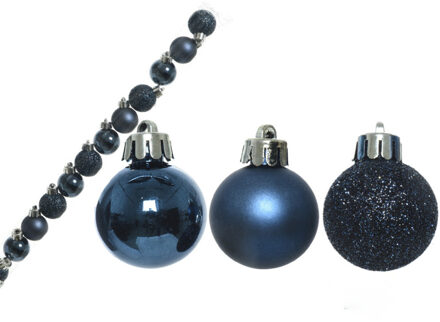 Decoris 14x stuks kunststof kerstballen donkerblauw 3 cm glans/mat/glitter
