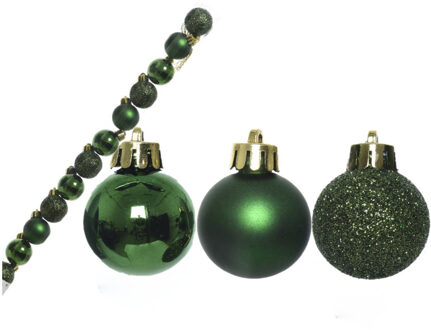 Decoris 14x stuks kunststof kerstballen donkergroen 3 cm