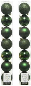 Decoris 14x stuks kunststof kerstballen donkergroen (pine) 8 cm glans/mat/glitter - Kerstbal