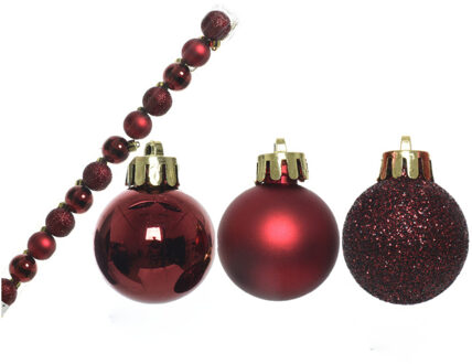 Decoris 14x stuks kunststof kerstballen donkerrood 3 cm mat/glans/glitter - Kerstbal