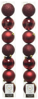 Decoris 14x stuks kunststof kerstballen donkerrood (oxblood) 8 cm glans/mat/glitter - Kerstbal