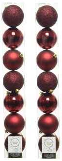 Decoris 14x stuks kunststof kerstballen donkerrood (oxblood) 8 cm glans/mat/glitter