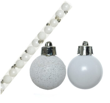 Decoris 14x stuks kunststof kerstballen wit 3 cm glans/mat/glitter - Kerstbal