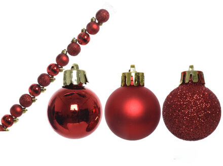 Decoris 14x stuks mini kunststof kerstballen rood 3 cm glans/mat/glitter - Kerstbal