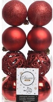 Decoris 16x Kerst rode kerstballen 6 cm kunststof mix