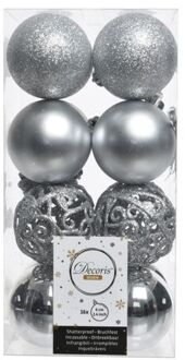 Decoris 16x Kunststof kerstballen mix zilver 6 cm kerstboom versiering/decoratie - Kerstbal Zilverkleurig