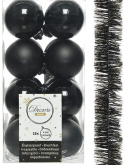 Decoris 16x stuks kerstballen 4 cm met slinger zwart kunststof