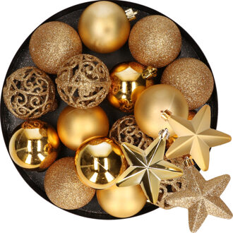 Decoris 16x stuks kerstballen 6 cm met 6x st sterren kersthangers goud kunststof - Kerstbal Goudkleurig