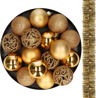 Decoris 16x stuks kunststof kerstballen 6 cm incl. 2x st. kerstslingers goud - Kerstbal Goudkleurig