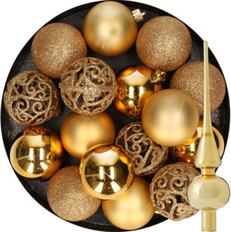 Decoris 16x stuks kunststof kerstballen 6 cm incl. glazen piek glans goud - Kerstbal Goudkleurig