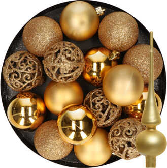 Decoris 16x stuks kunststof kerstballen 6 cm incl. glazen piek mat goud - Kerstbal Goudkleurig