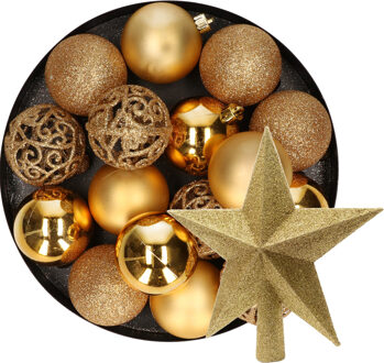 Decoris 16x stuks kunststof kerstballen 6 cm incl. ster piek goud - Kerstbal Goudkleurig