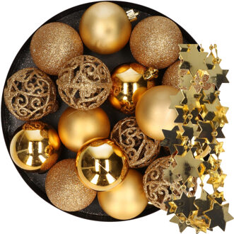 Decoris 16x stuks kunststof kerstballen 6 cm incl. sterren slinger goud - Kerstbal Goudkleurig